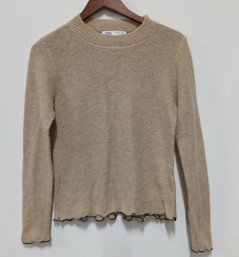 Zara womens small wool alpaca sweater tan  lightweight crewneck quiet luxury